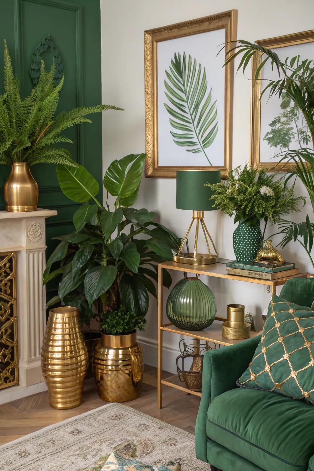 Hue-coordinated flora unifies the chamber.