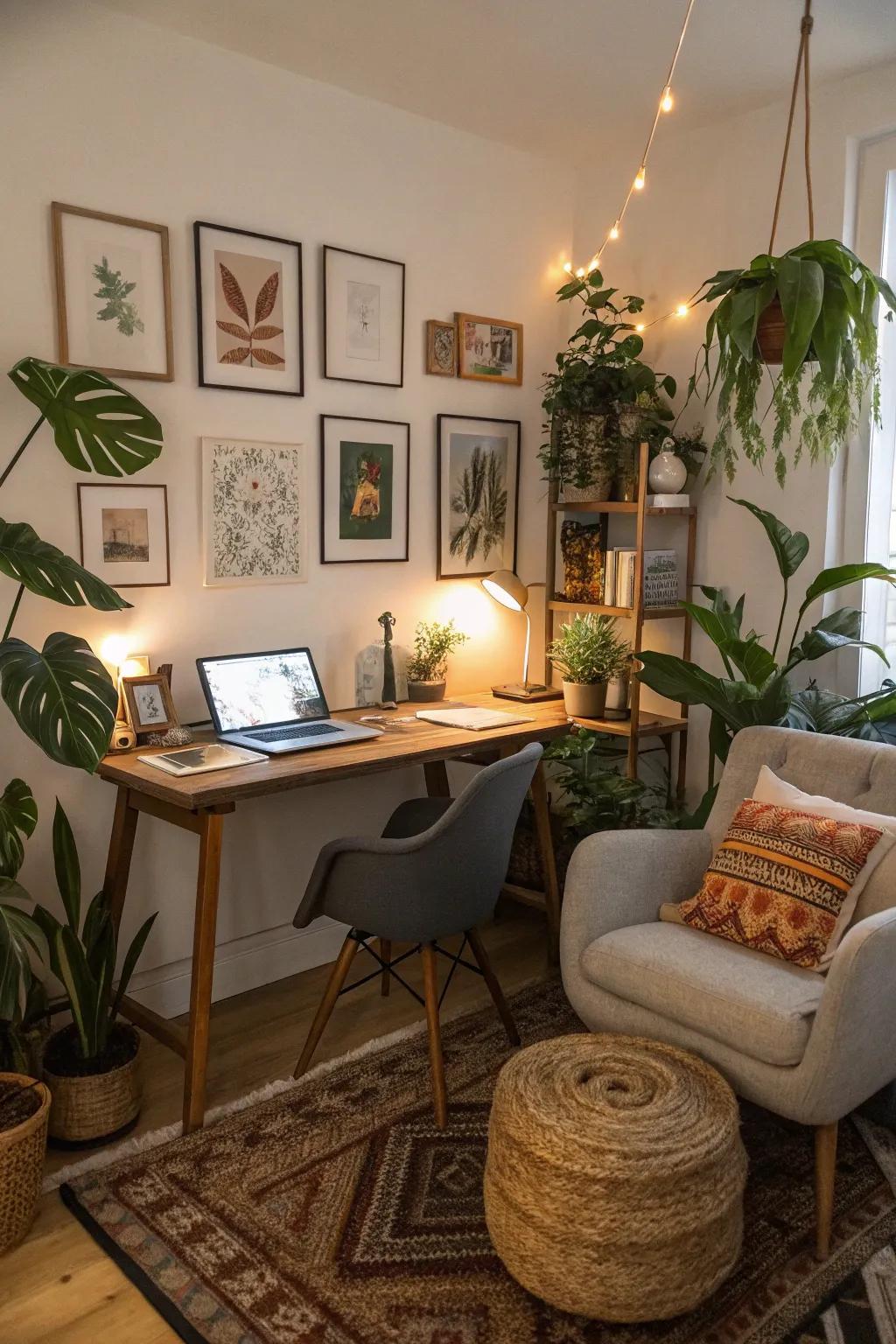 Personal touches add warmth and comfort to the workspace.