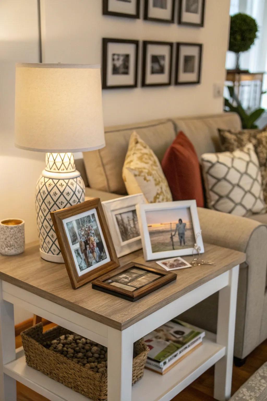 Personal decor imparting unique charm to side tables.