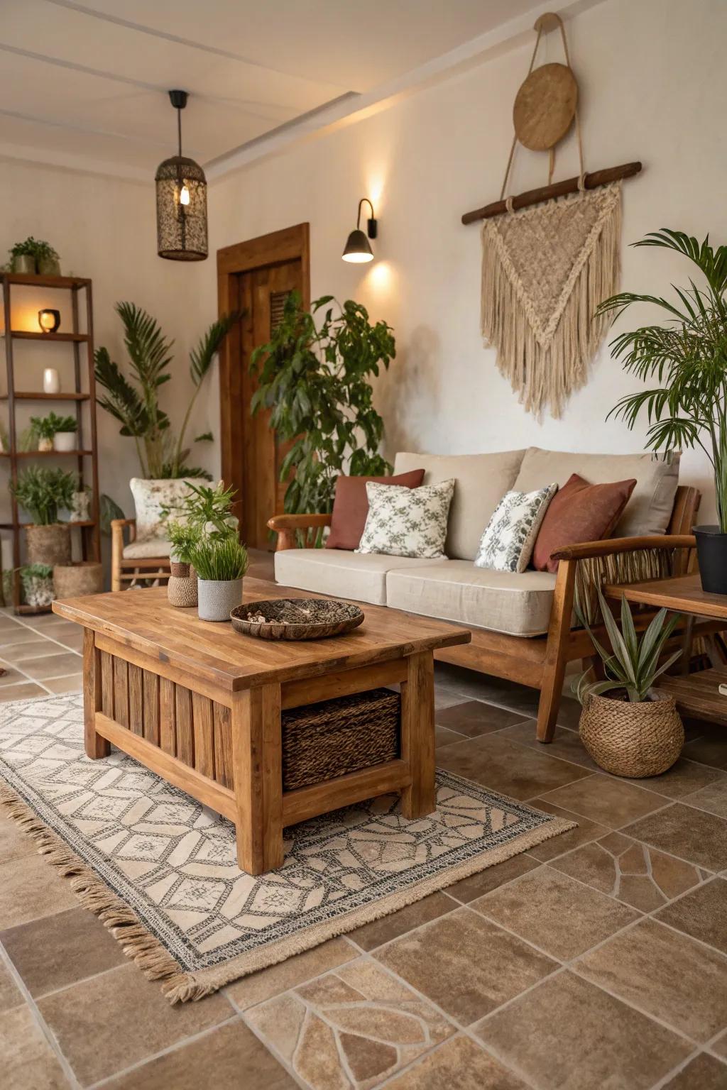 Welcoming living room with wood-like tiles.