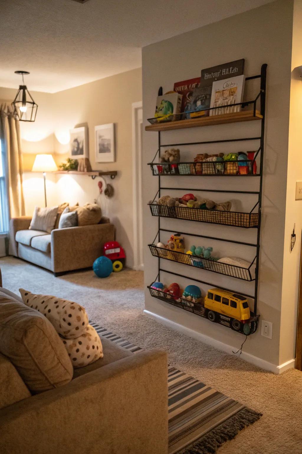 Wall-mounted holders keep toys arranged and off the floor.