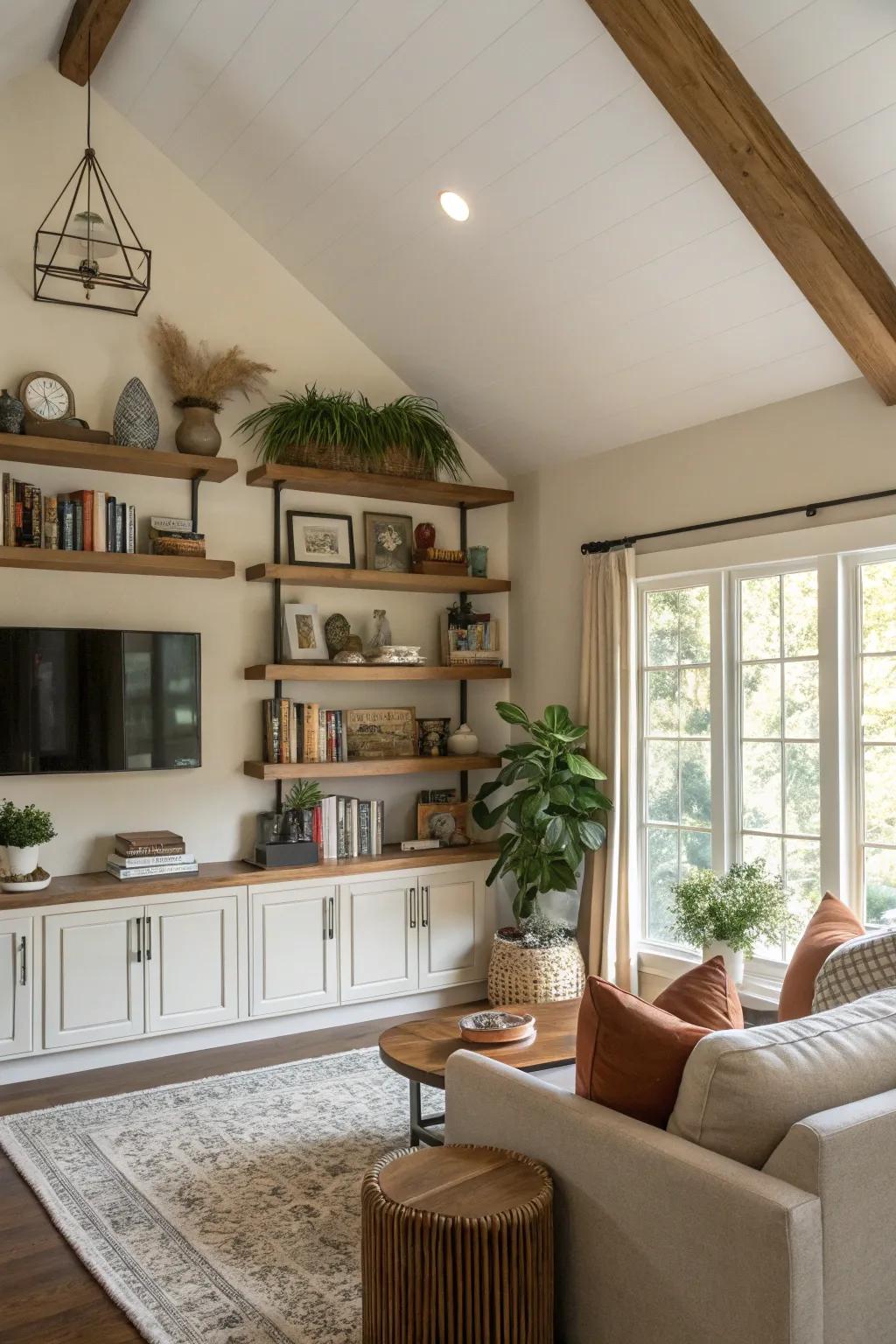 Display shelves add style and function to a vaulted wall.