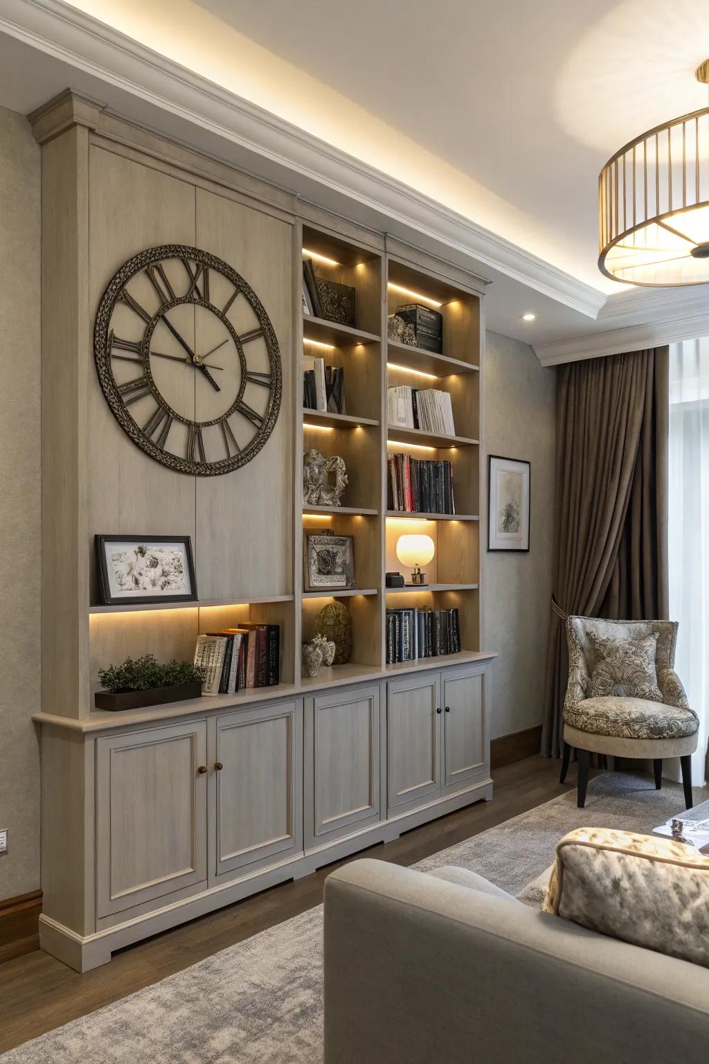 A wall ticker on a shelving unit combines style and organization.