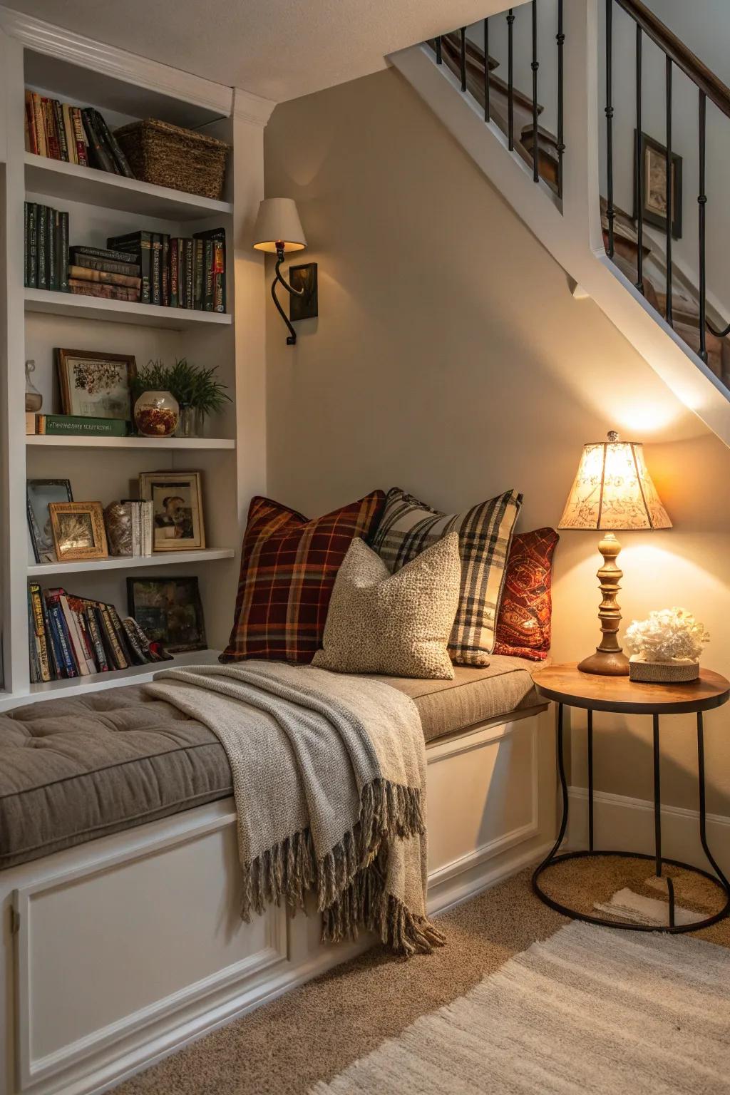 An inviting reading nook transforms an underutilized corner.