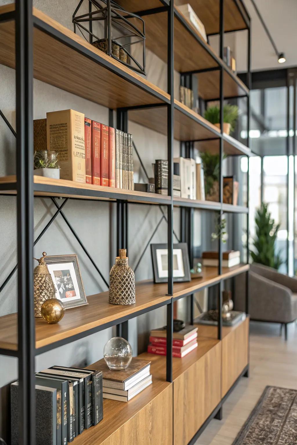 Blending materials introduces texture and richness to your bookshelves.