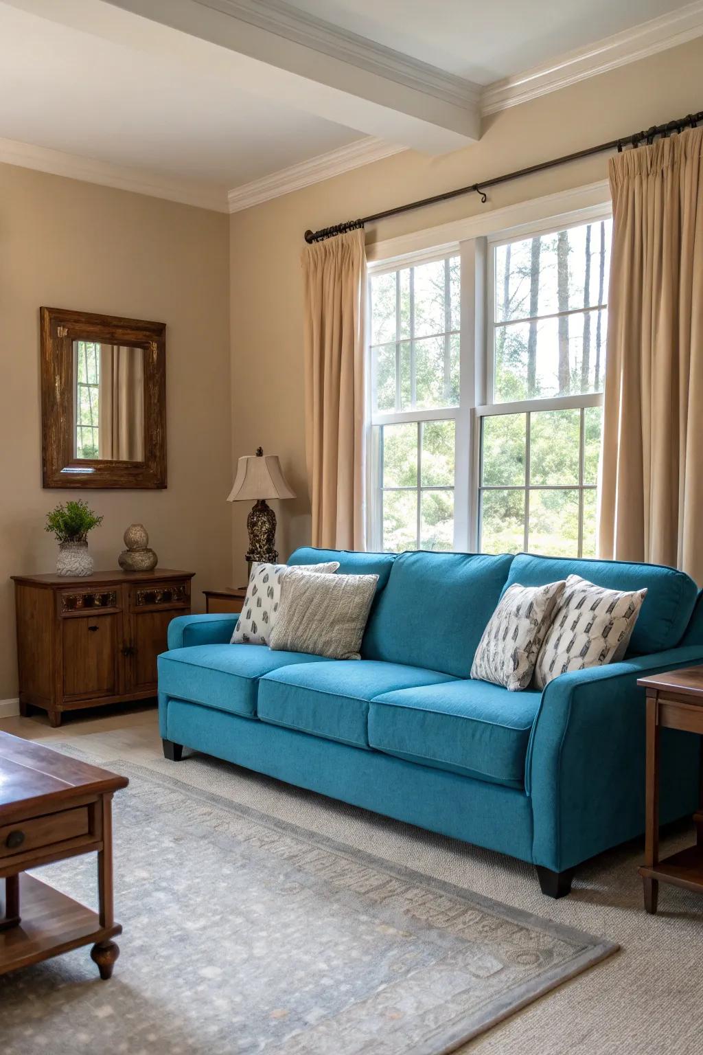 A striking-colored couch can become a stunning centerpiece in a neutral living area.