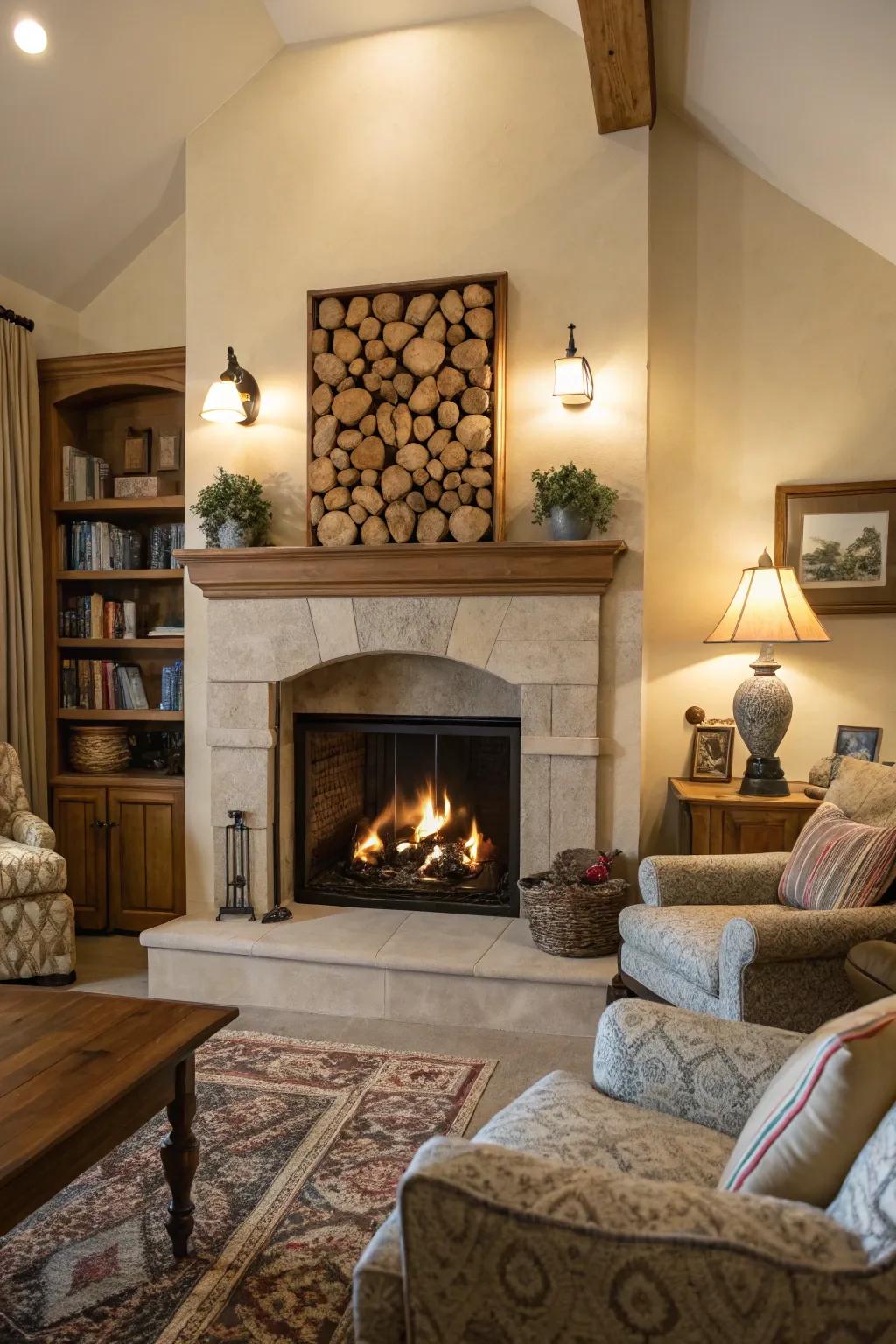 A living space that features a stylish firewood storage area near the fireside.
