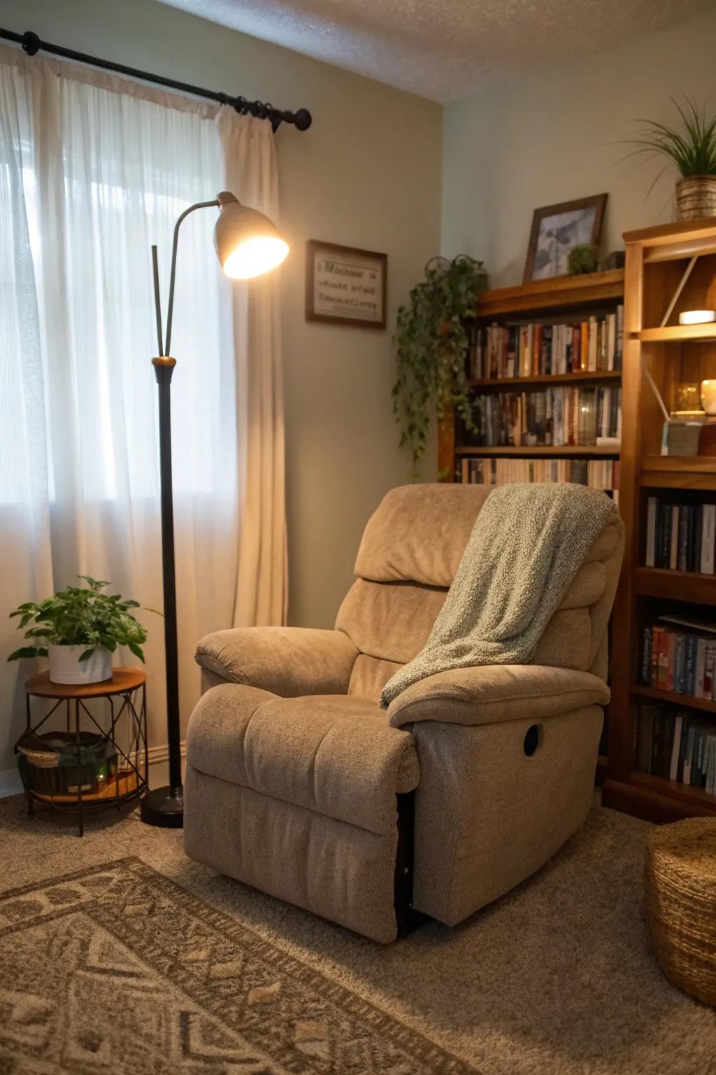 A well-lit recliner corner ideal for reading and relaxation.