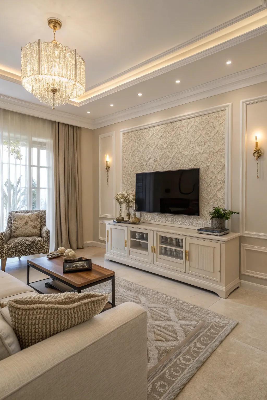 A neutral color scheme aids the TV in blending smoothly into the decor.