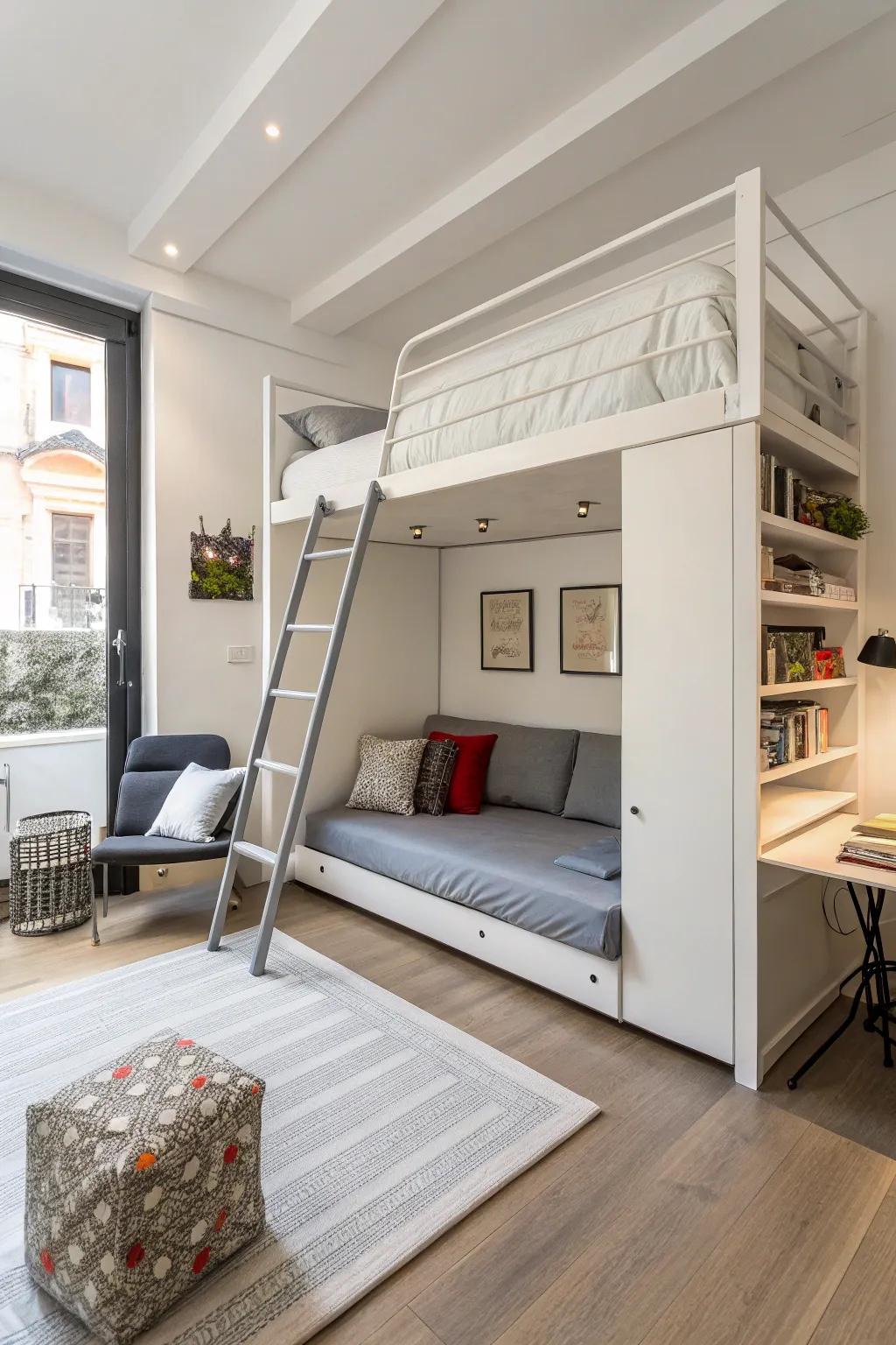 Fold-away loft beds offer flexibility for multi-use spaces.