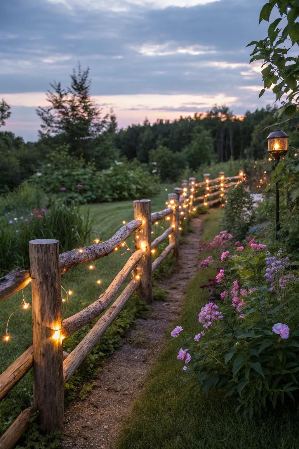 Illuminate your garden with lamps on your log fence.