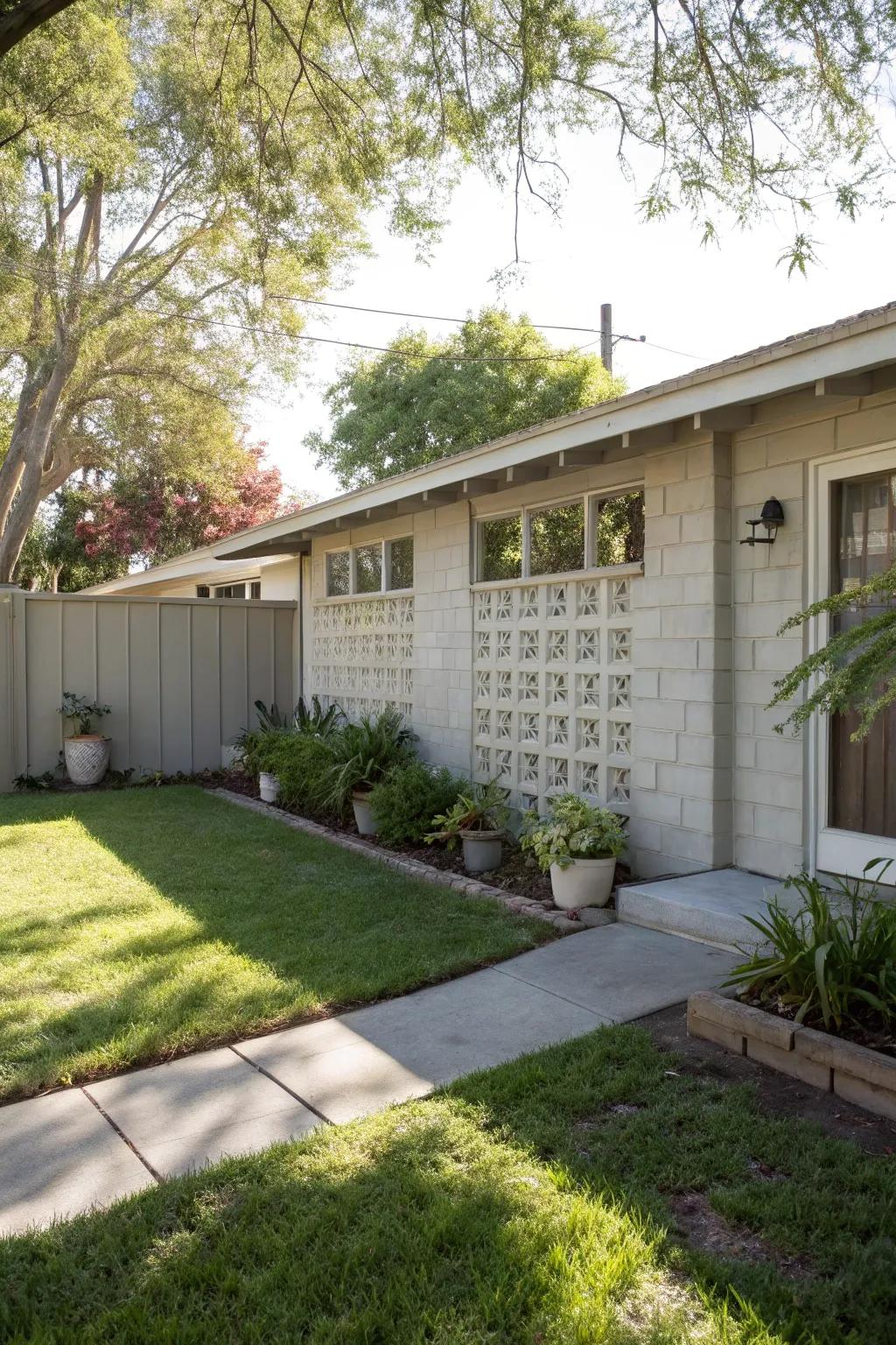 A breeze block wall provides privacy while preserving light and air flow.