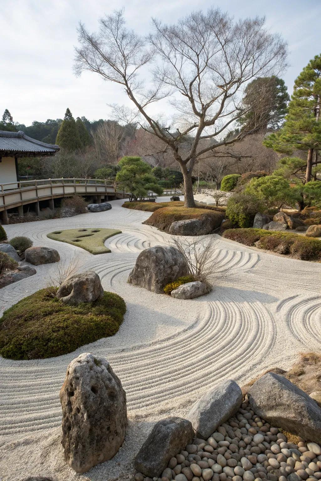A tranquil Zen garden offers a low-maintenance retreat.