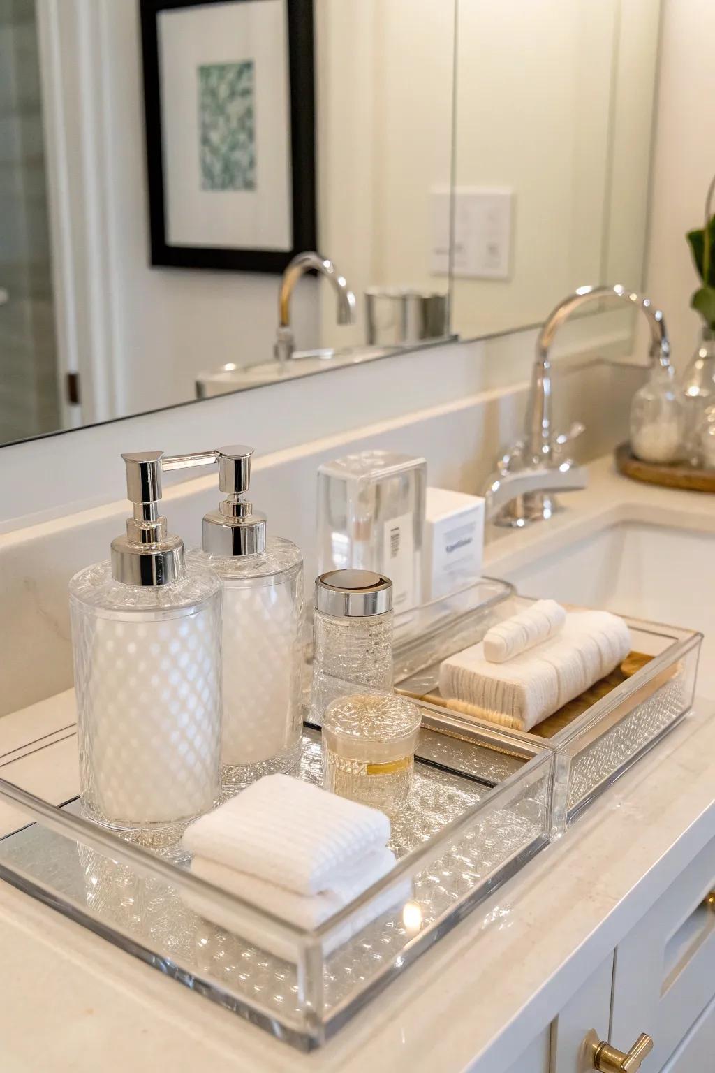 Acrylic accessories elevate washroom decor.