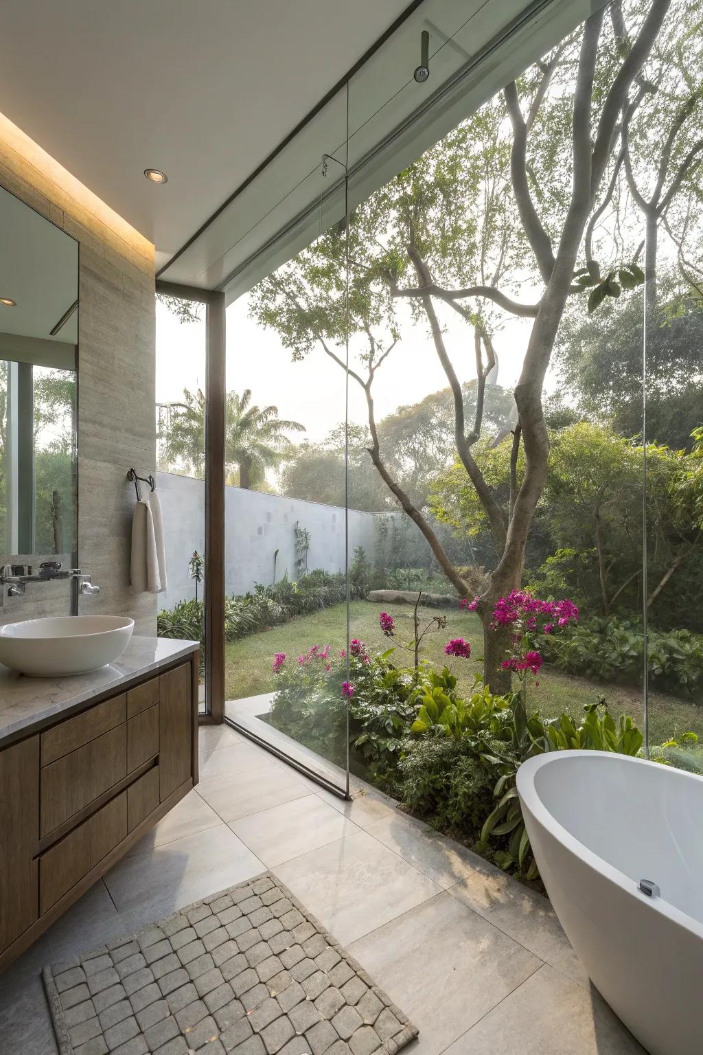 A bathroom with a glass wall connecting to nature.