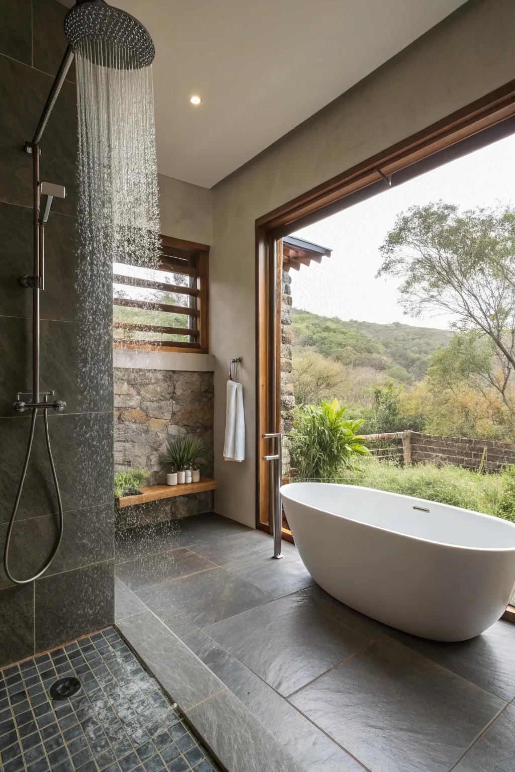 A spa-inspired bathroom featuring a wet chamber with a rainfall shower and freestanding tub.