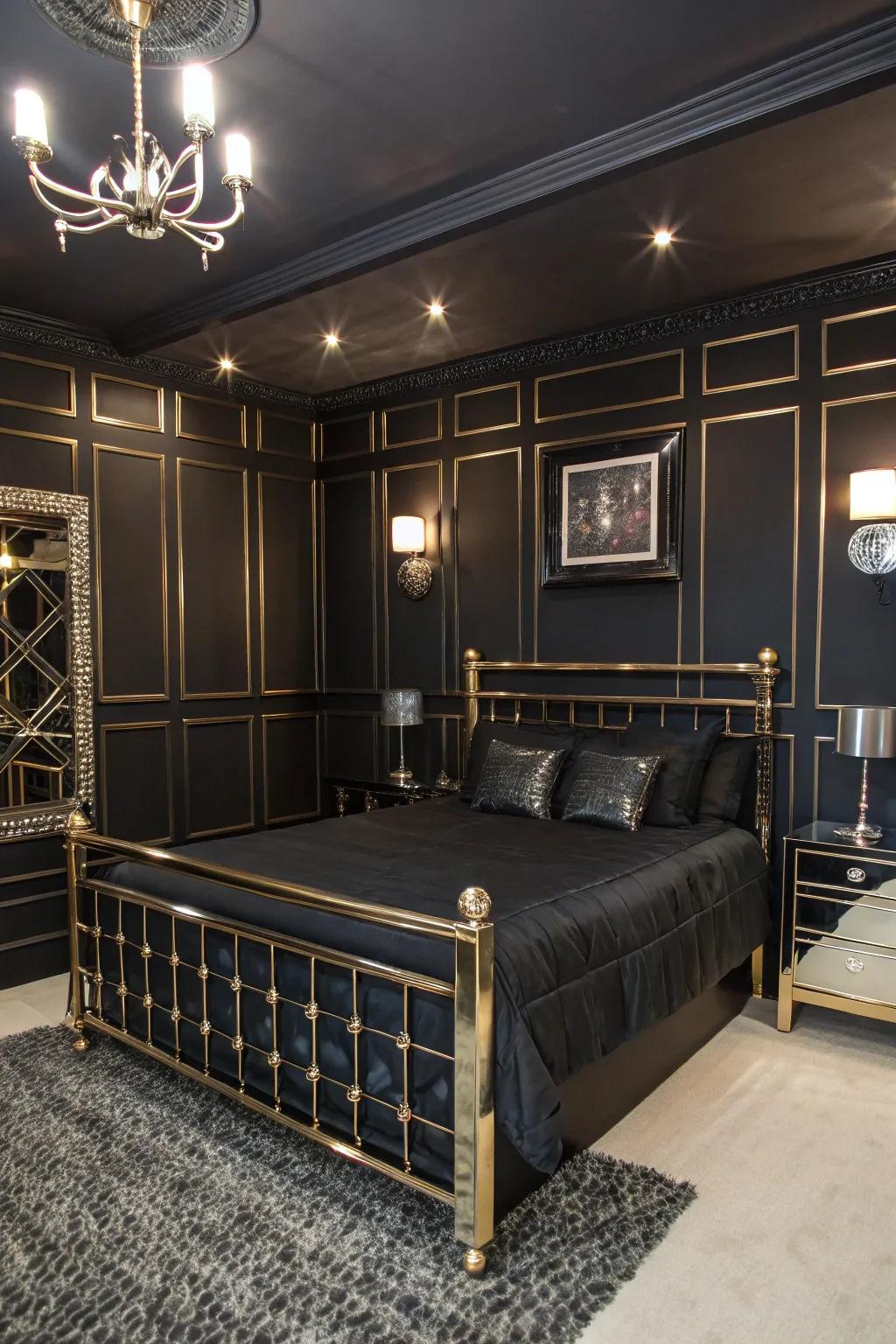 Metal accents add a touch of glamour and contrast to this stylish onyx bedroom.
