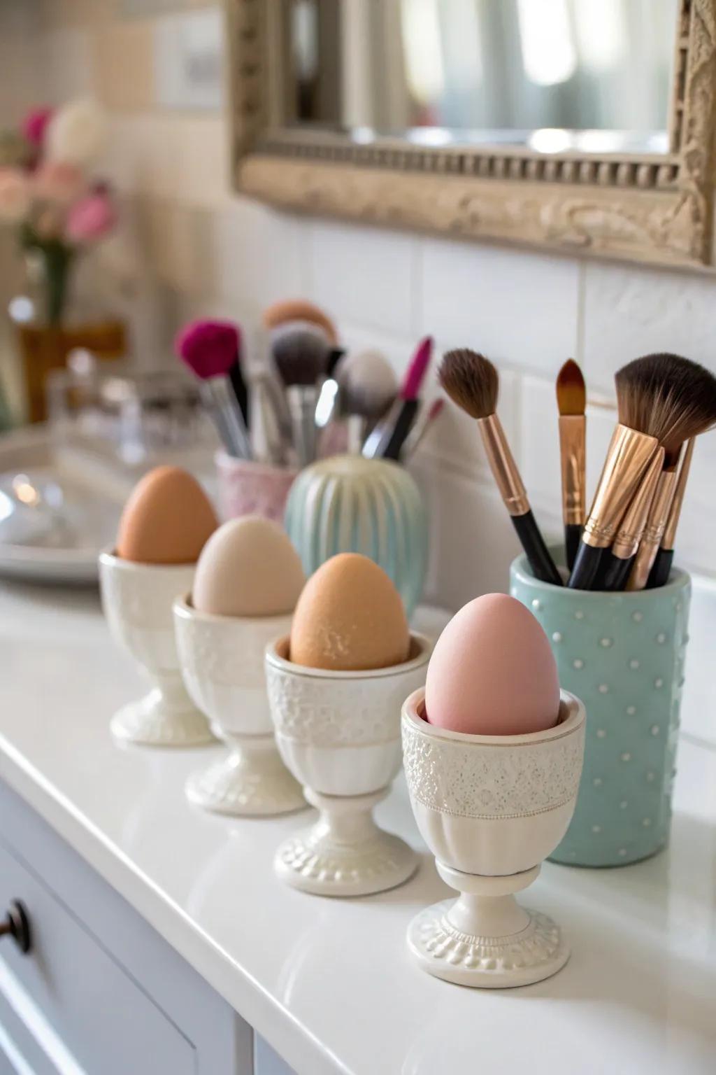 Egg cups offer an offbeat and effective remedy for sponge safekeeping.