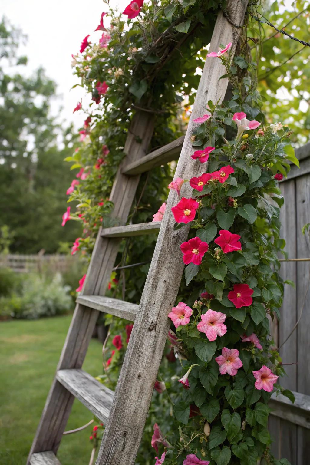 A repurposed ladder serves as a rustic support for blossoming blushing trumpet vine.