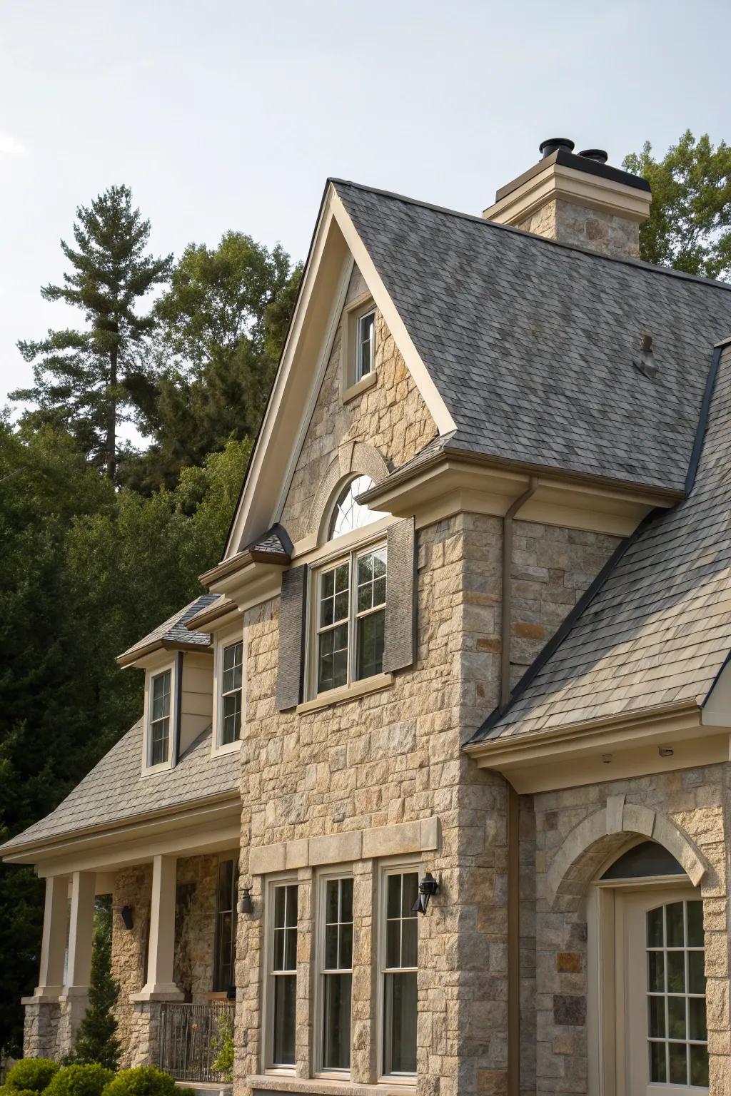 Untreated stone highlights provide ageless sophistication to this mansard roof.