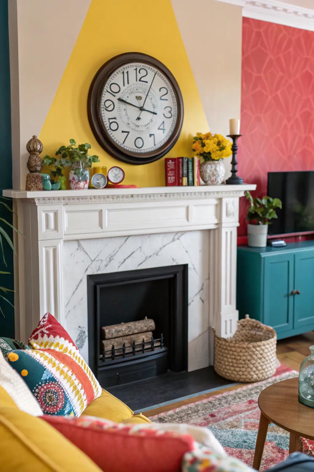 A colorful mantel with contrasting decor that highlights the timepiece.