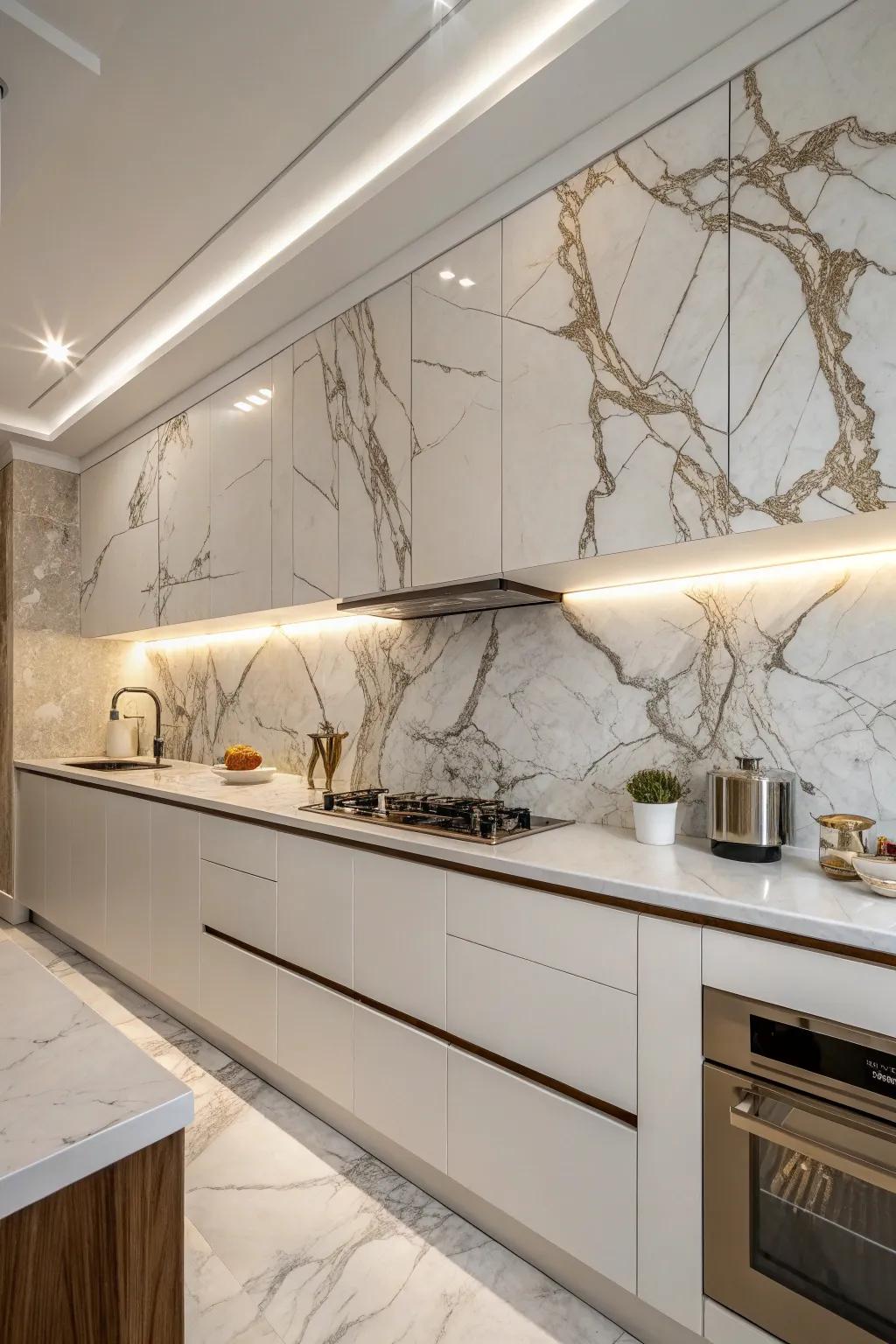 An artistic, fluidly streak-coordinated marble backsplash.