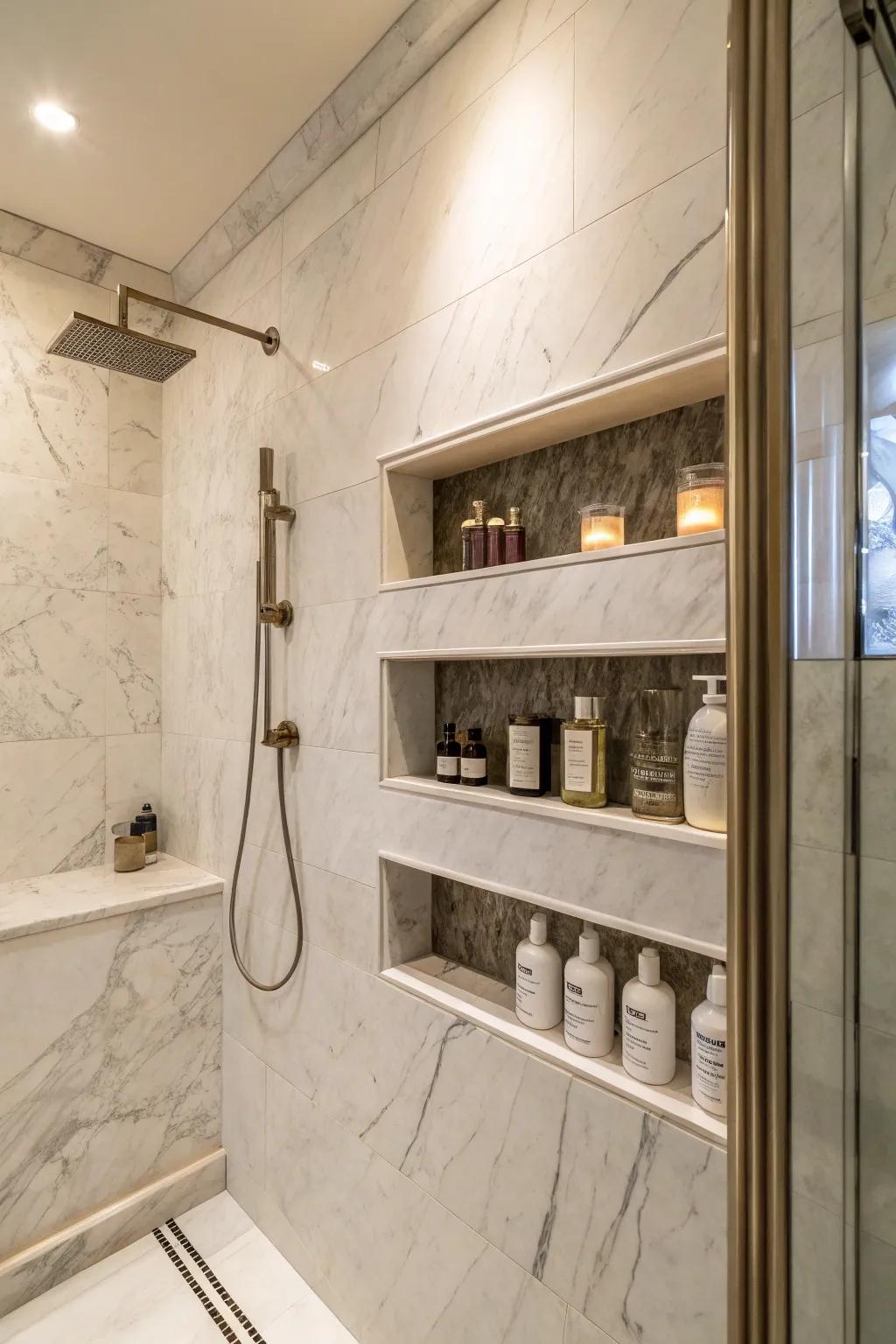 A straight stone alcove offers sleek, organized storage.