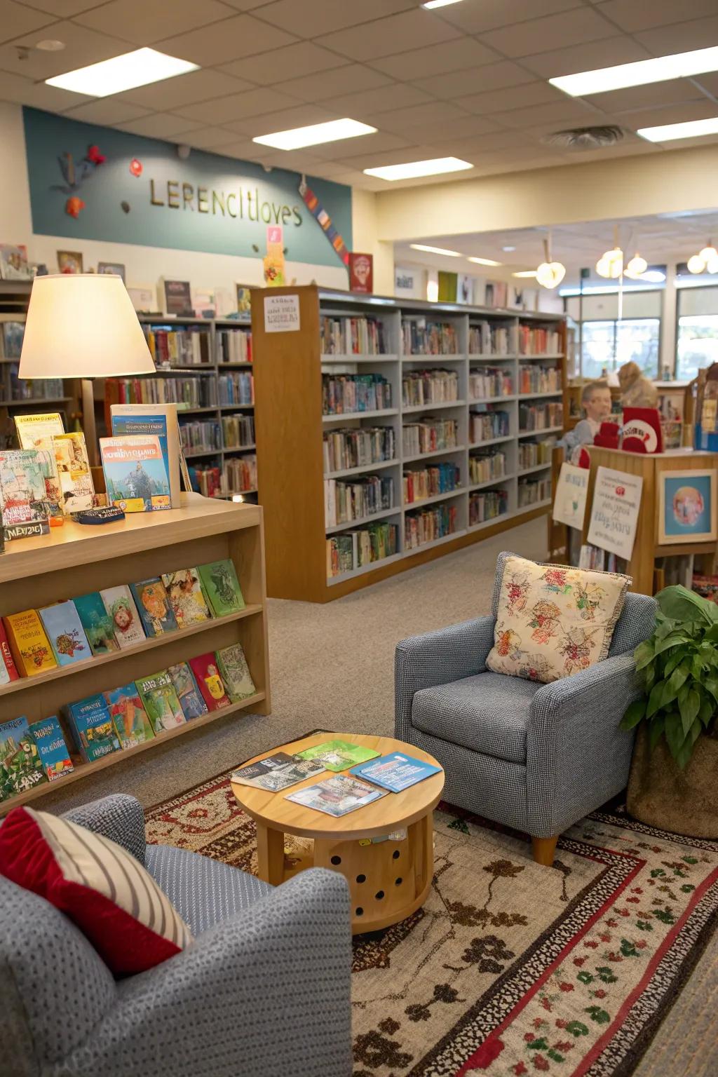 An engaging storytelling nook complemented via props and children’s books.