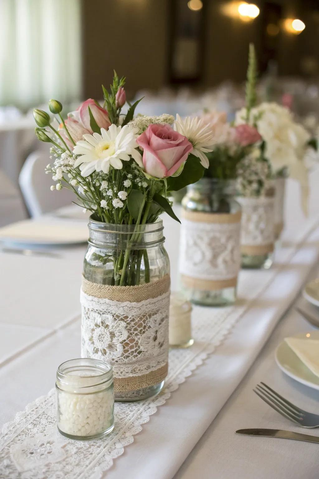 Quart containers encased in netting for an elegant centerpiece.