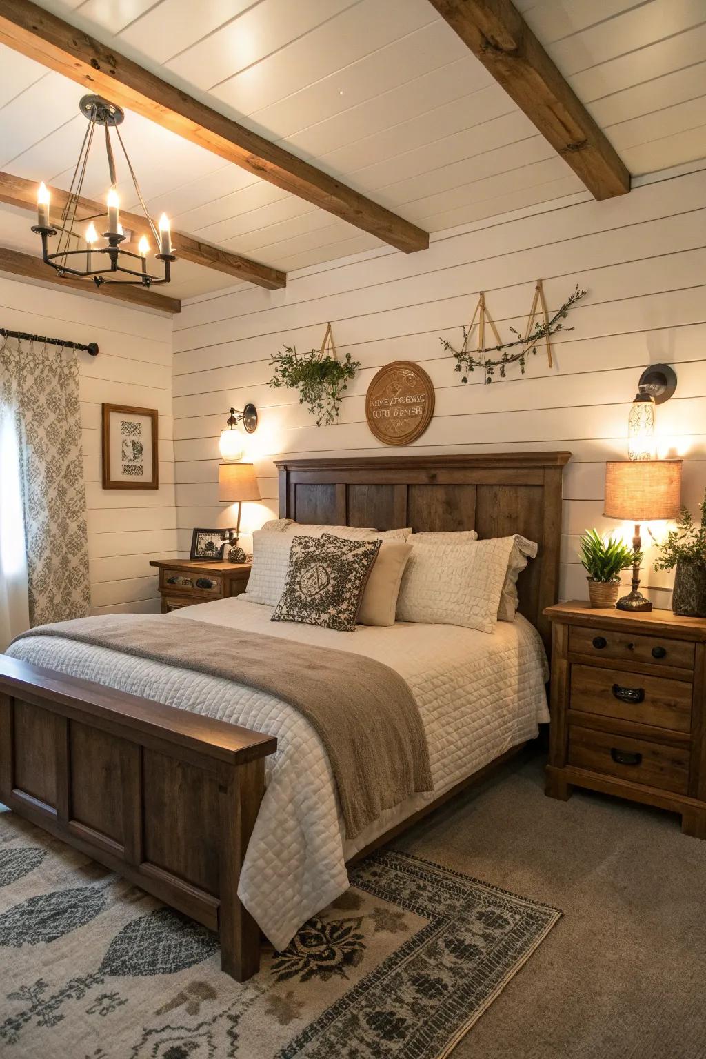 Panel walls provide a modern farmhouse charm to your bedroom.