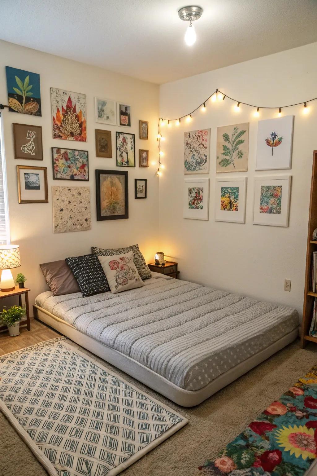 Wall art frames the bed beautifully.