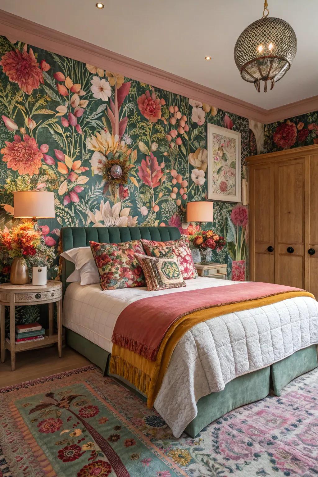 Floral wallpaper brings nature's touch to this bedroom.
