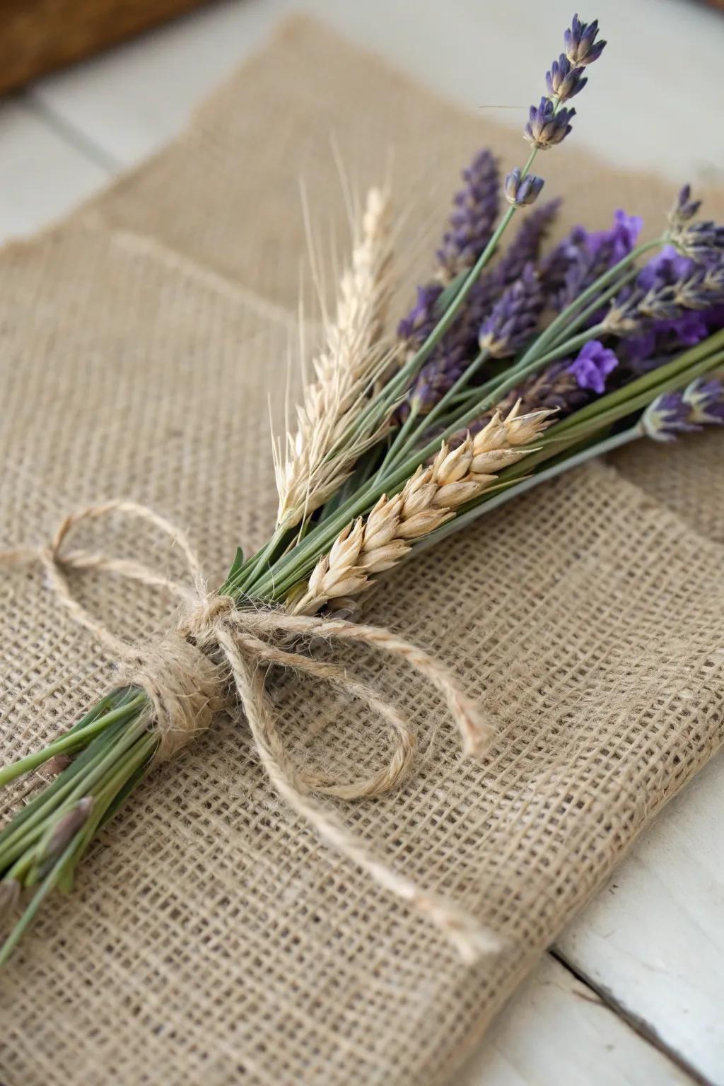 Grain and violet craft a rustic and elegant aesthetic.
