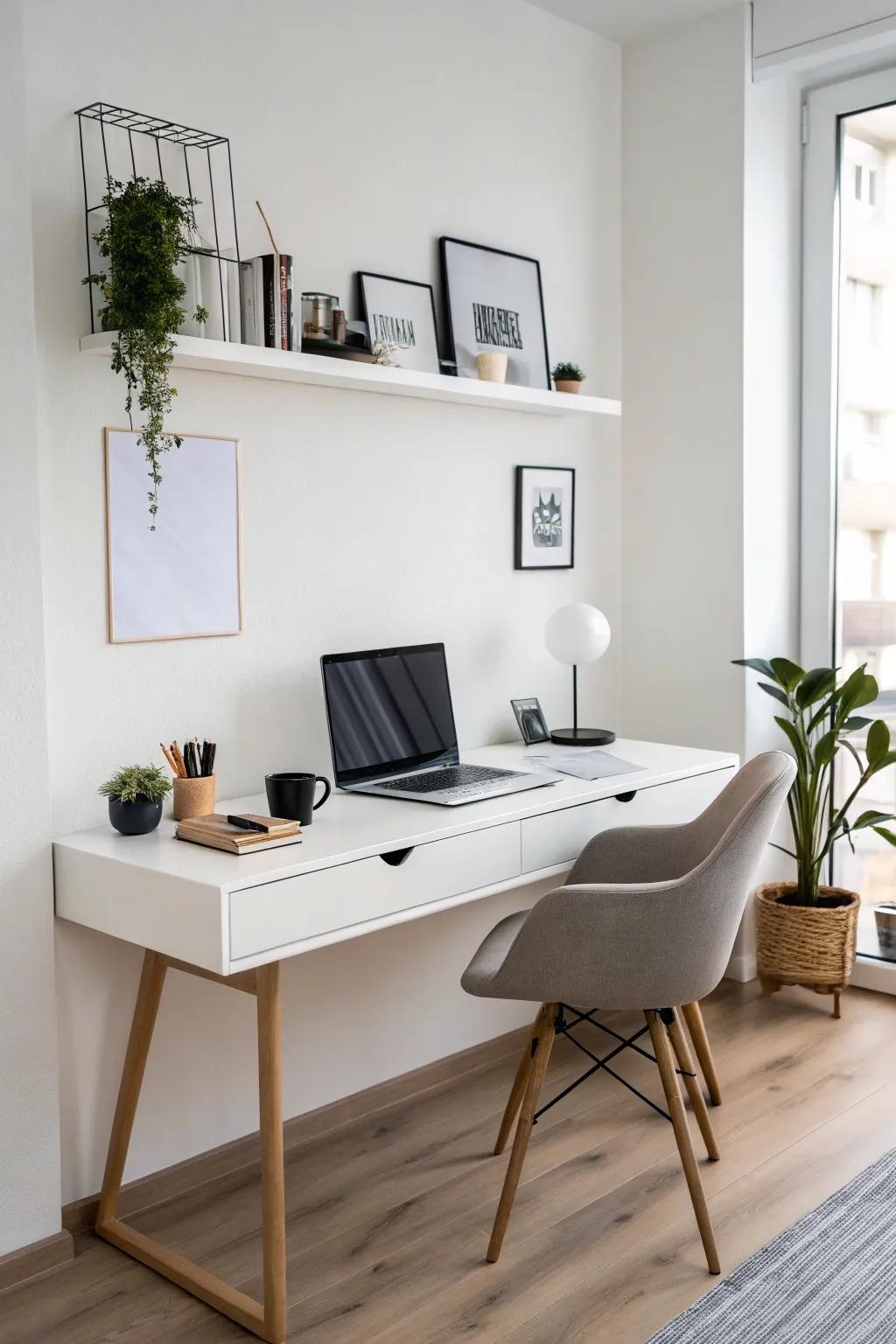 A floating desk offers a pristine and sophisticated workspace.