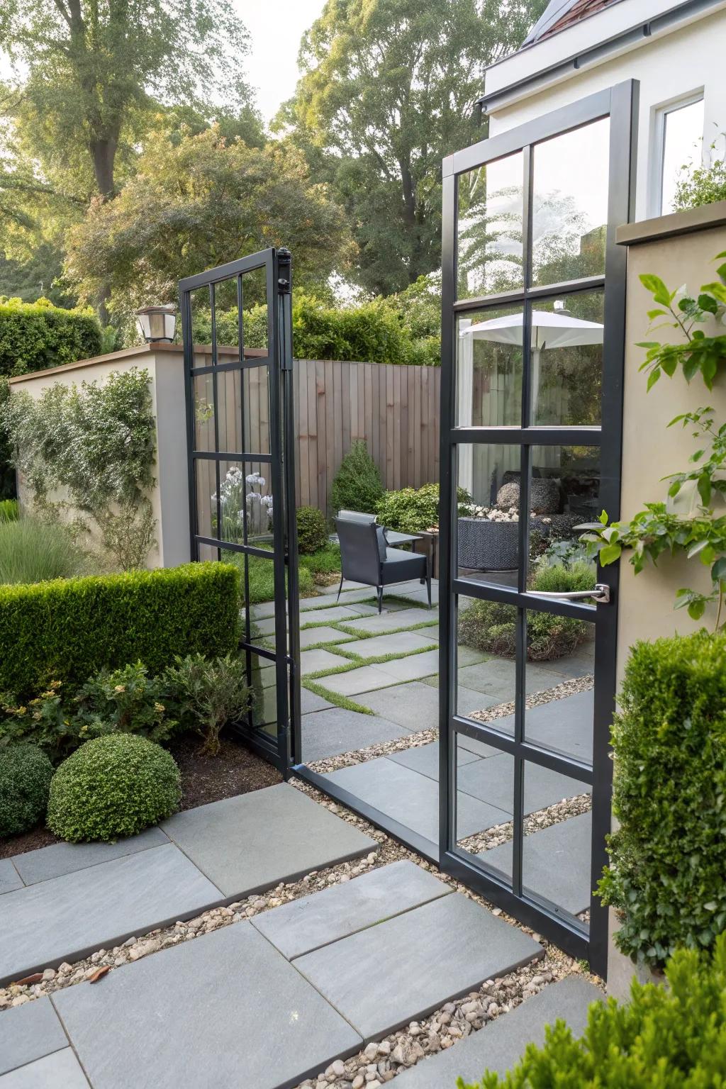 Glass panels within metal gates contribute a modern, airy sensation.