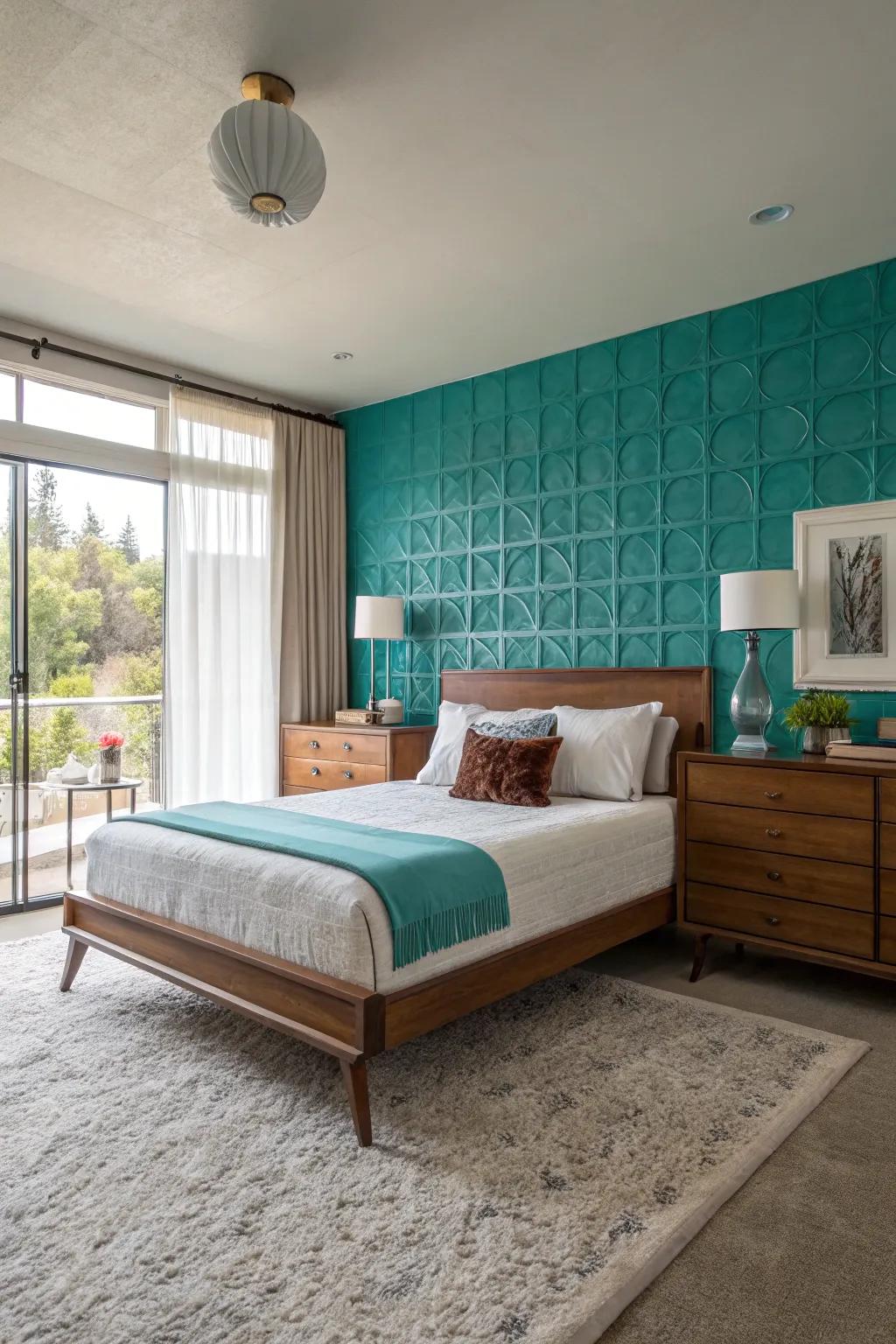 A striking accent wall turns this mid-century modern bedroom into a stylish getaway.