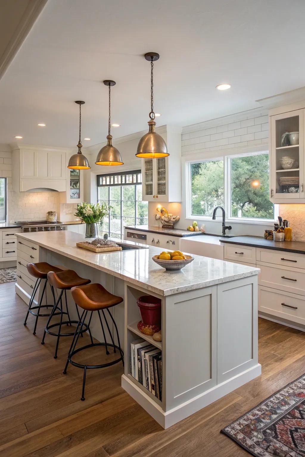 The island acts as a hub in this mid-century modern cooking space.