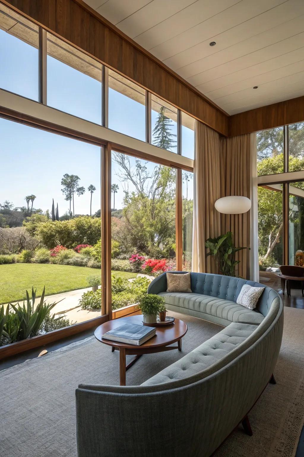 Large windows offering garden views enhance this mid-century modern living space.