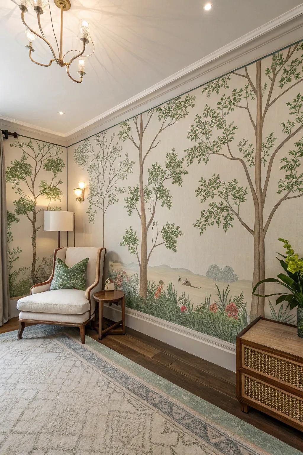 Serene space with nature-inspired mid-century wallcovering.