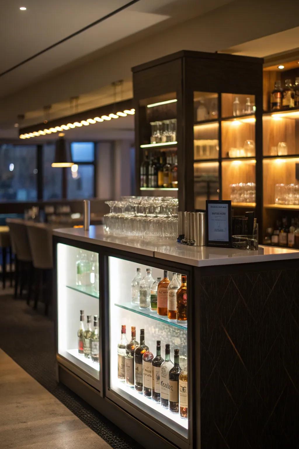 Concealed lighting enriches the home bar with surprise and fascination.