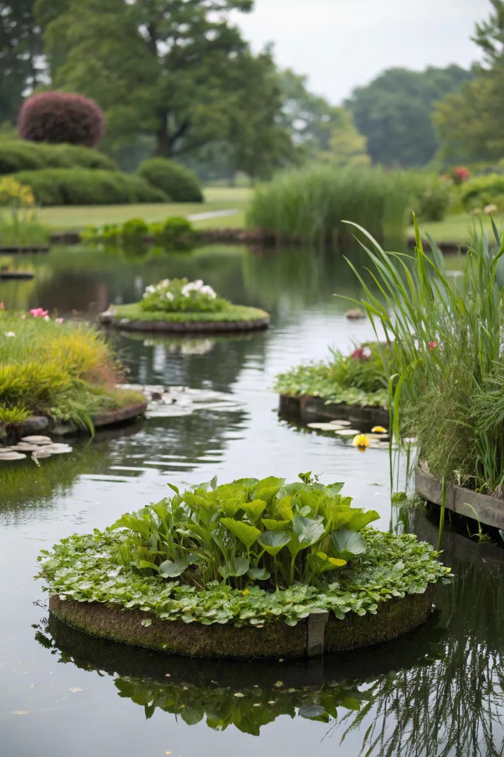Drifting green beds make a mini pond more charming.