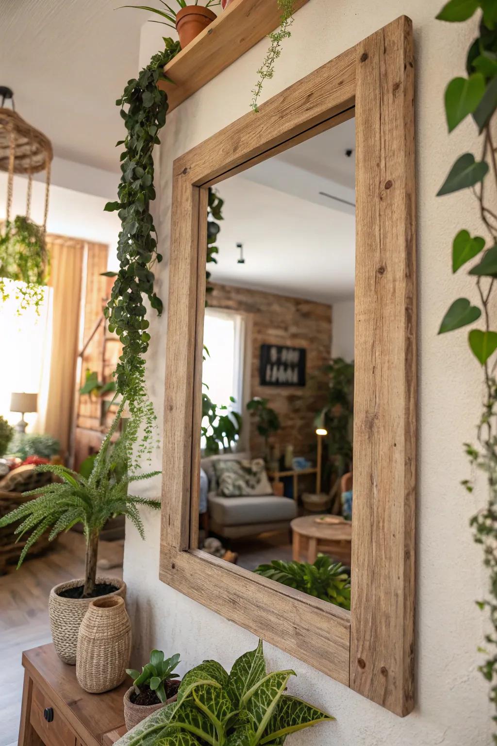 A repurposed lumber frame adds character to a sustainable living space.
