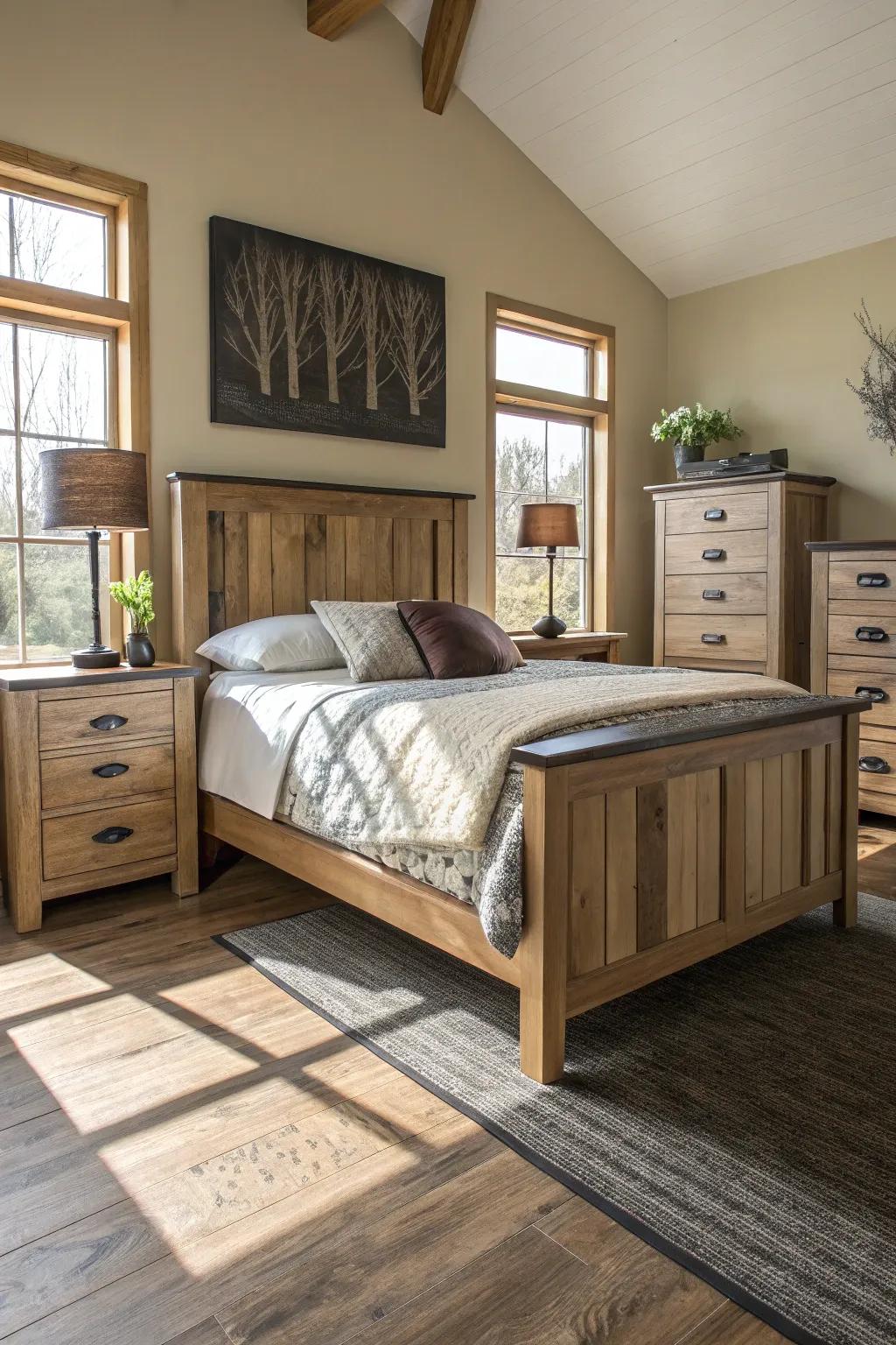 Mixing wood finishes adds richness to your bedroom design.