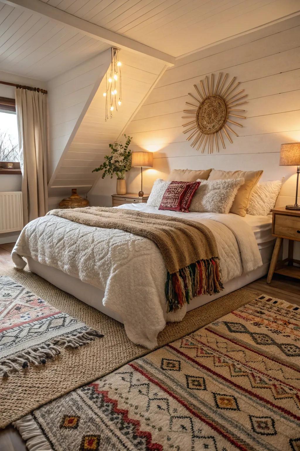 Superimposed floor coverings add opulence and depth to a bedroom.