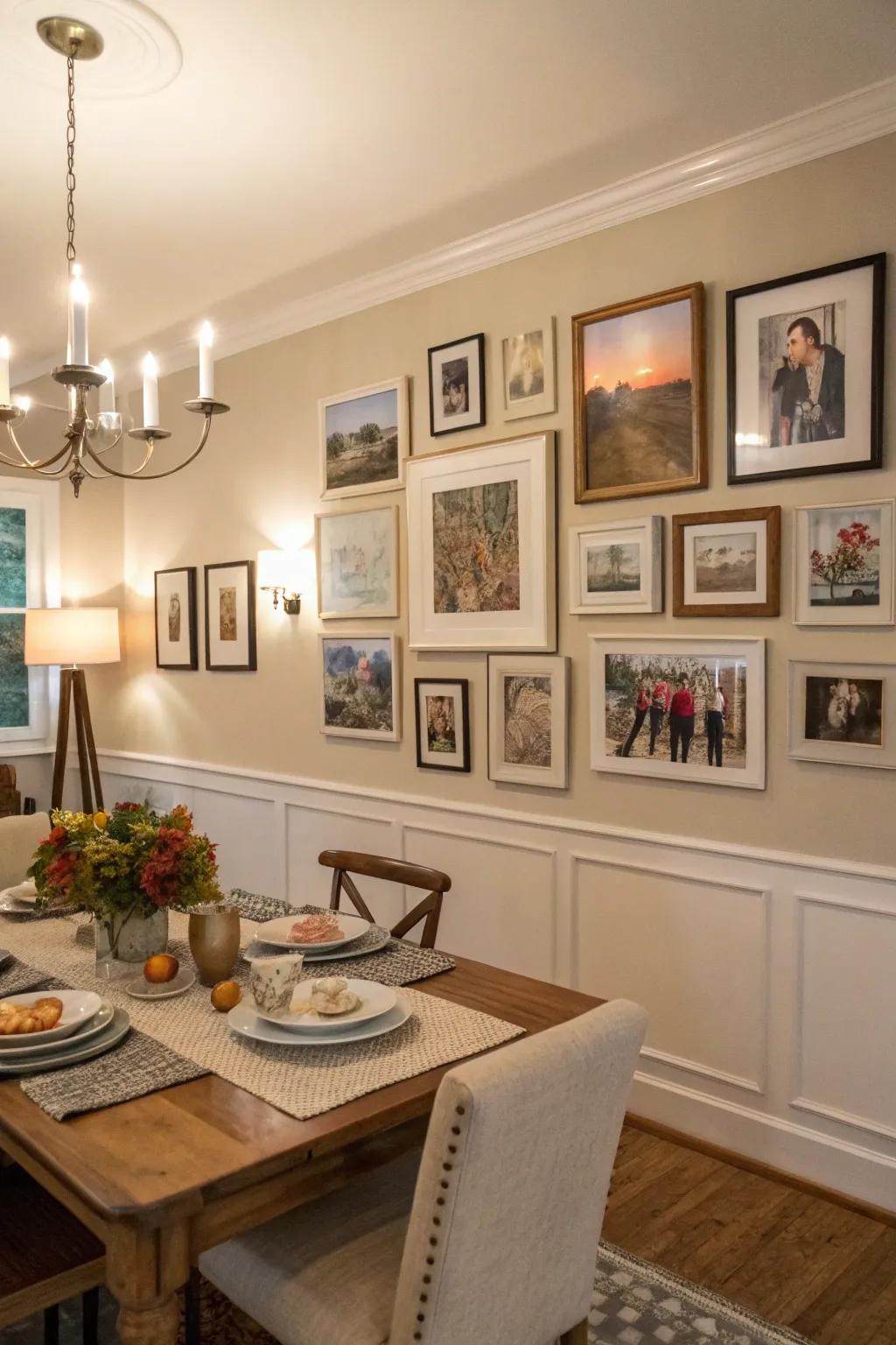 A personalized wall exhibit can make your dining room feel intimate and inviting.