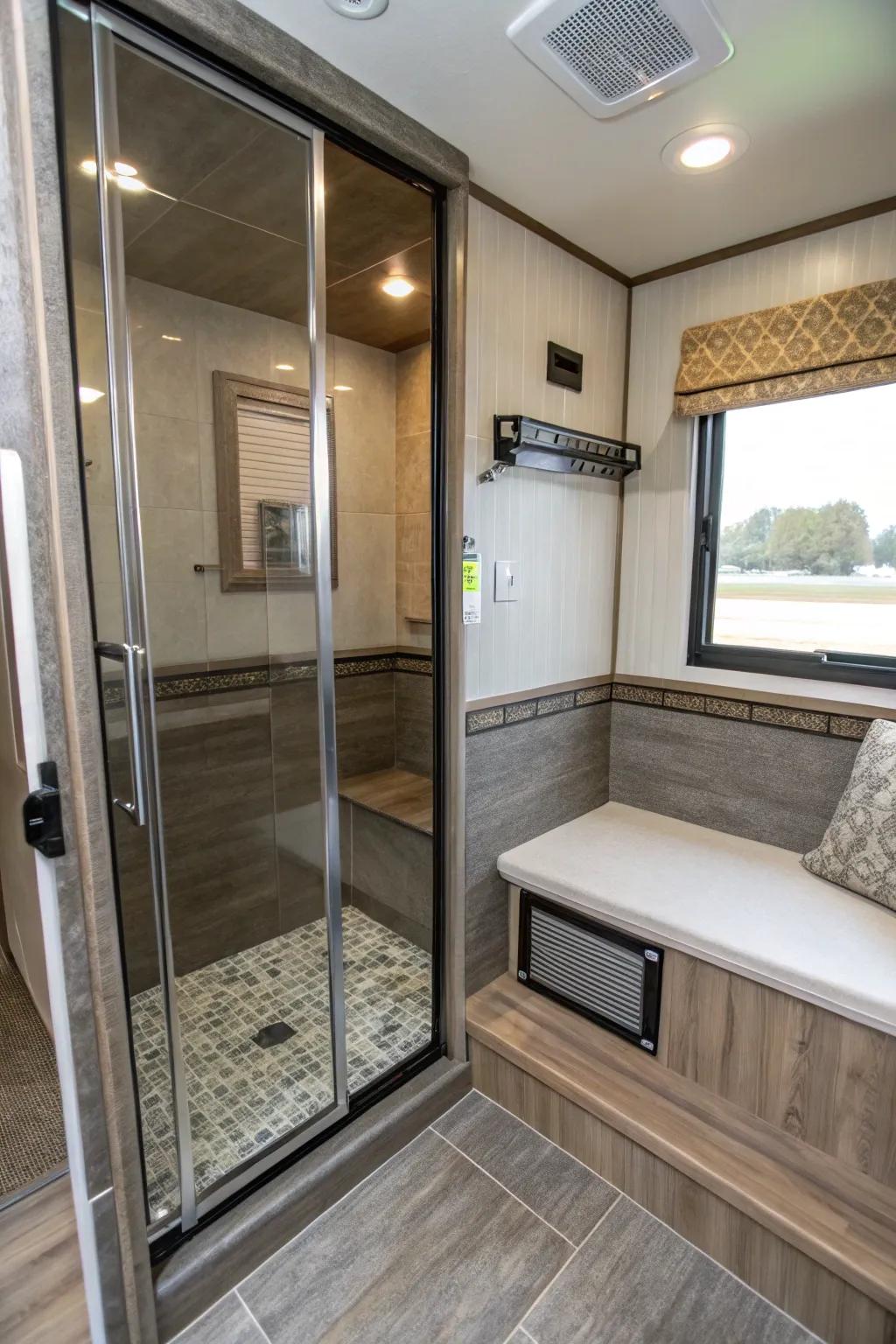 An intra-showering bench appends opulence and practicality to this bathroom.