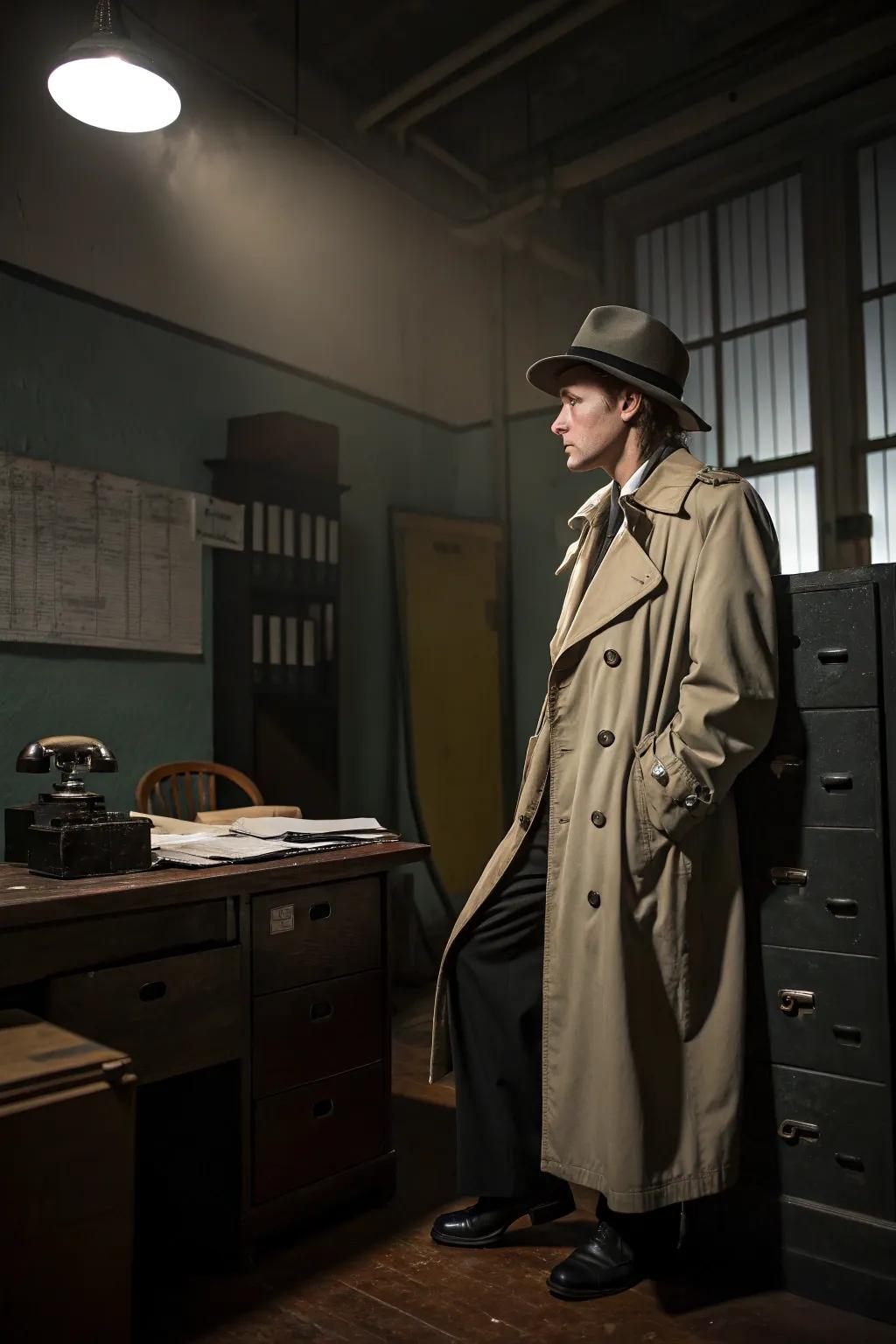 A classic detective aesthetic inspired by film noir.