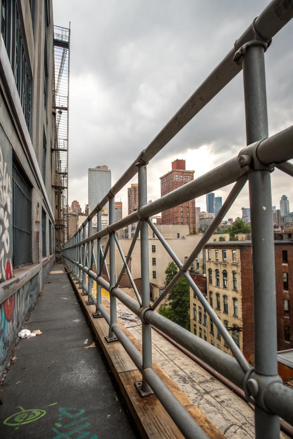 Industrial-style balcony border made of metal pipes in an urban setting