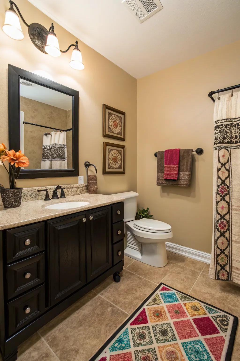 Black accents impart modern contrast to a beige bathroom.