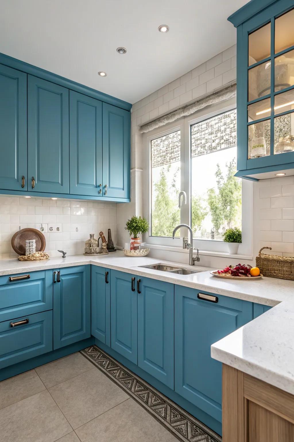 Demure worktops proffer a placid contrast to bold casework.